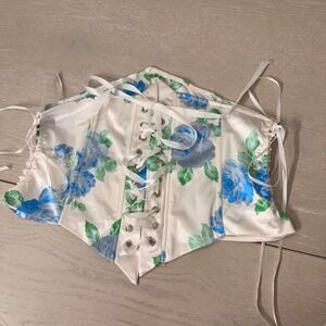 White Floral Print Corset Top Blue Roses Lace Up Boned Adjustable Straps